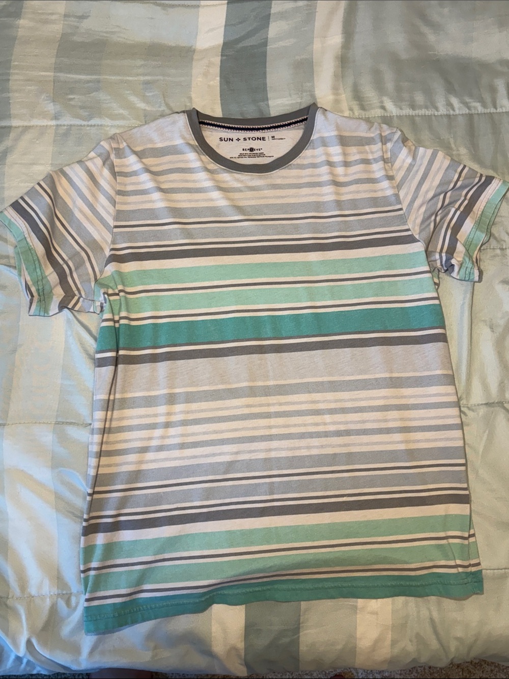 Sun + Stone Men's Short Sleeve Stripe Tee in Mint Green & Light Gray